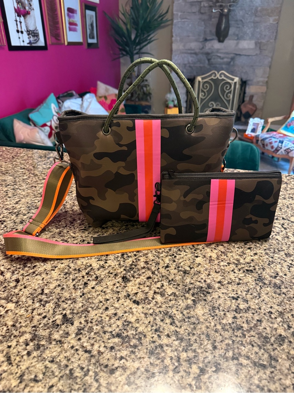 HAUTE SHORE Olive Camo Crossbody with Pink & Coral Stripes